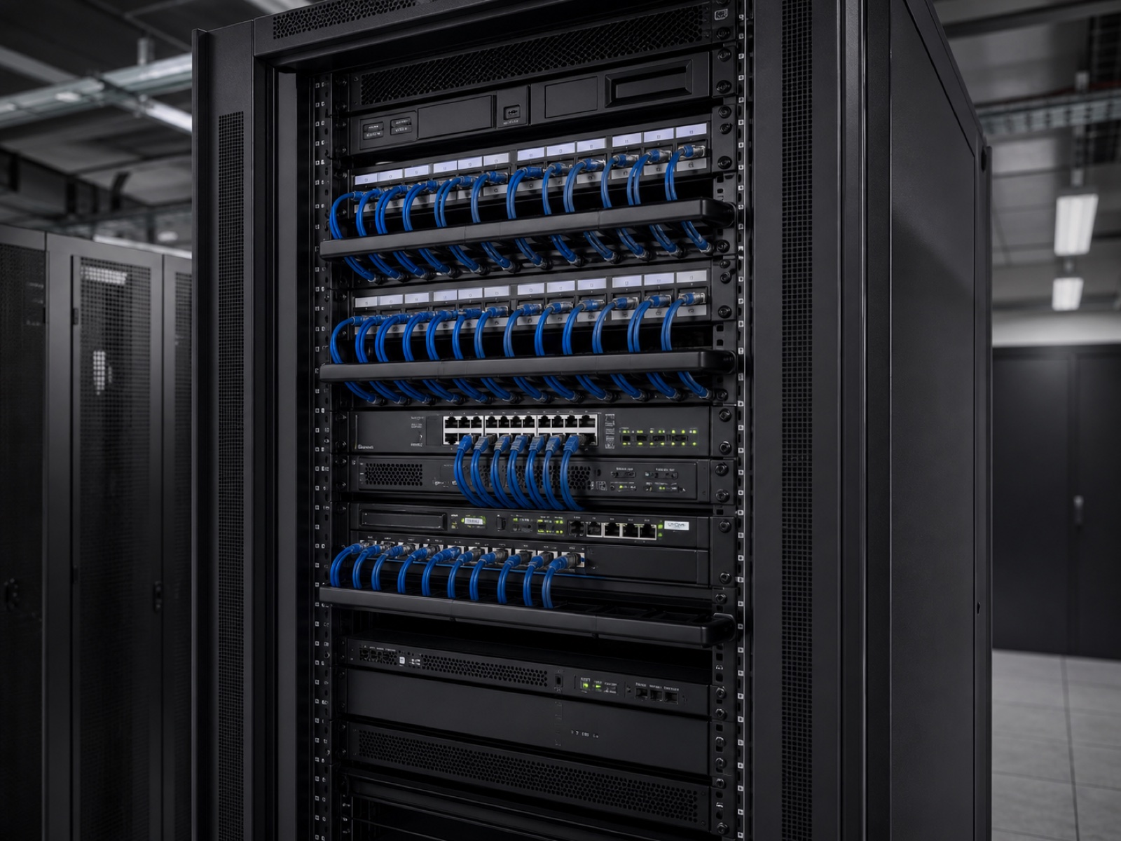 Professionally organized and tested commercial network rack