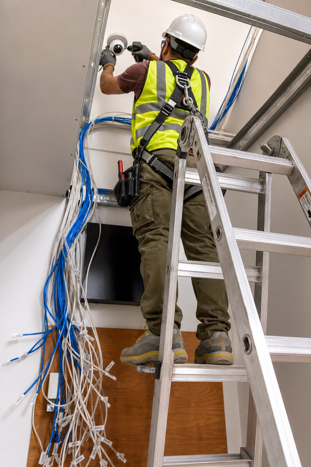 Technician installing an interior commercial security camera