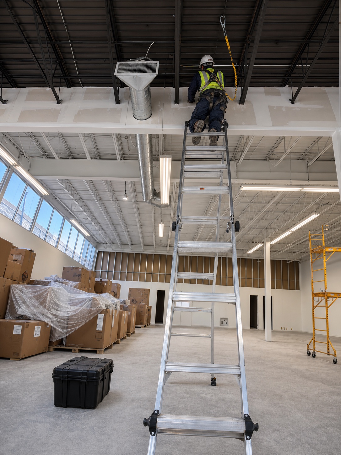 Technician working safely on high commercial ceiling cabling