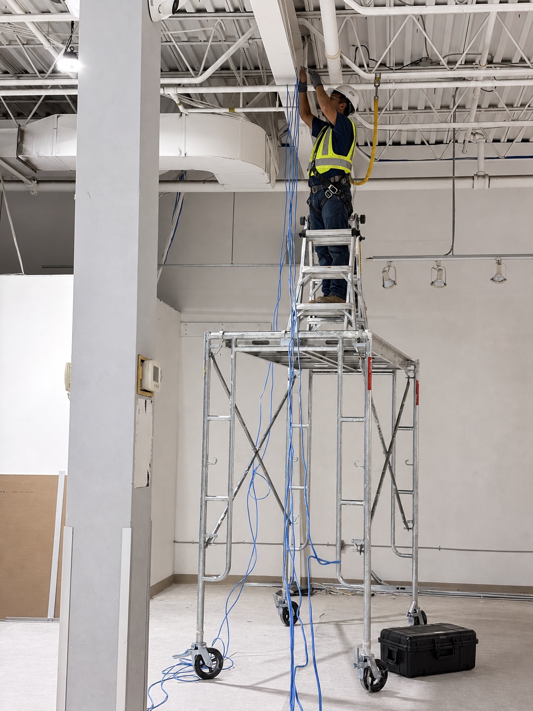 Installer in safety equipment routing commercial ceiling infrastructure