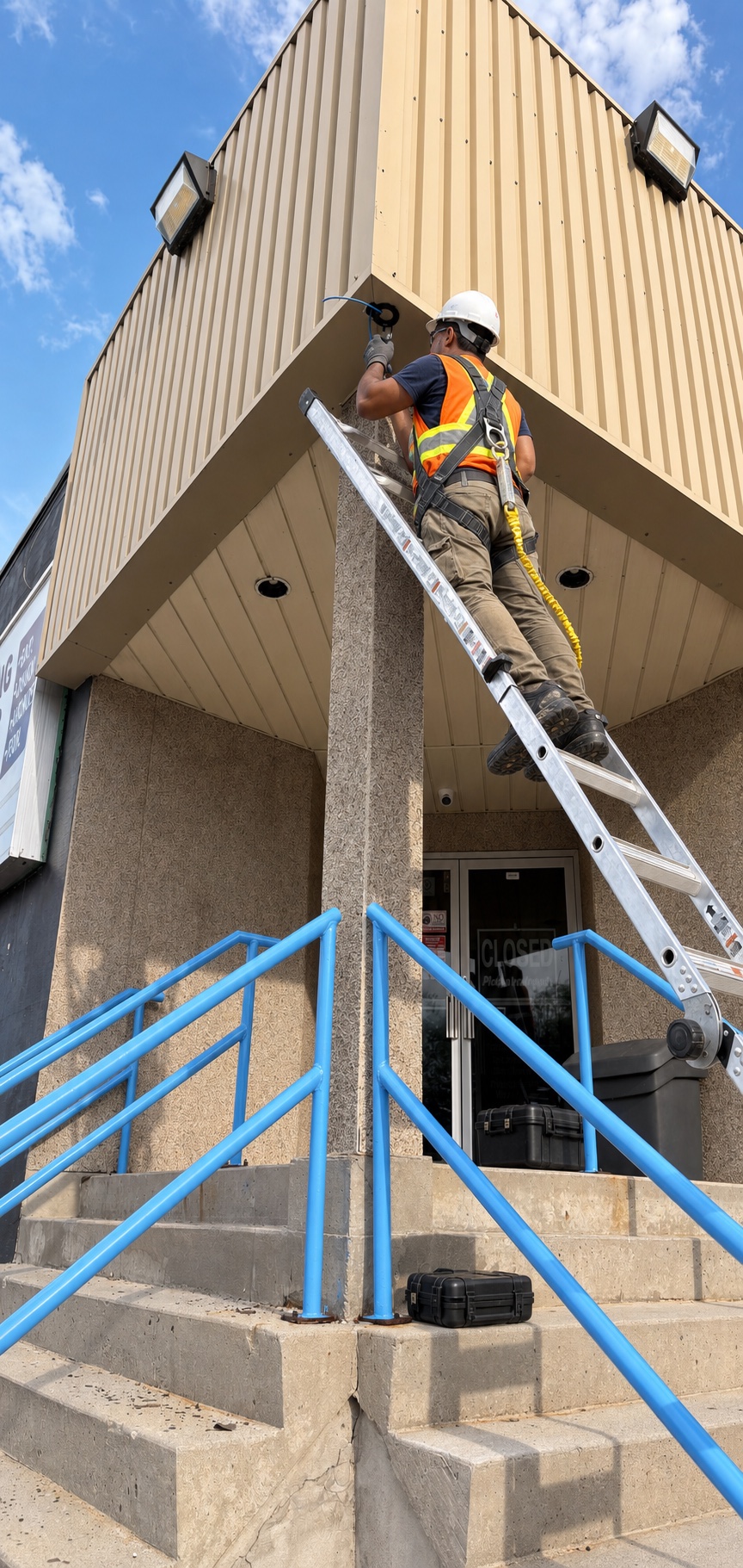 Installer working on commercial surveillance equipment