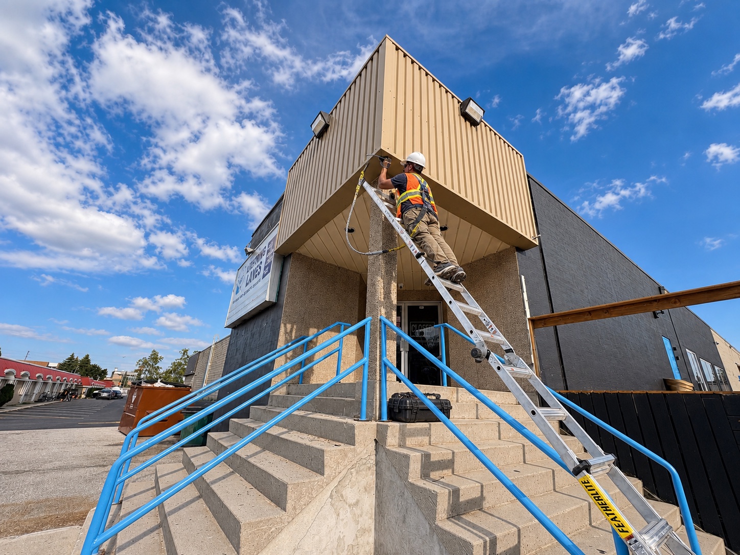 Technician installing a commercial exterior security camera