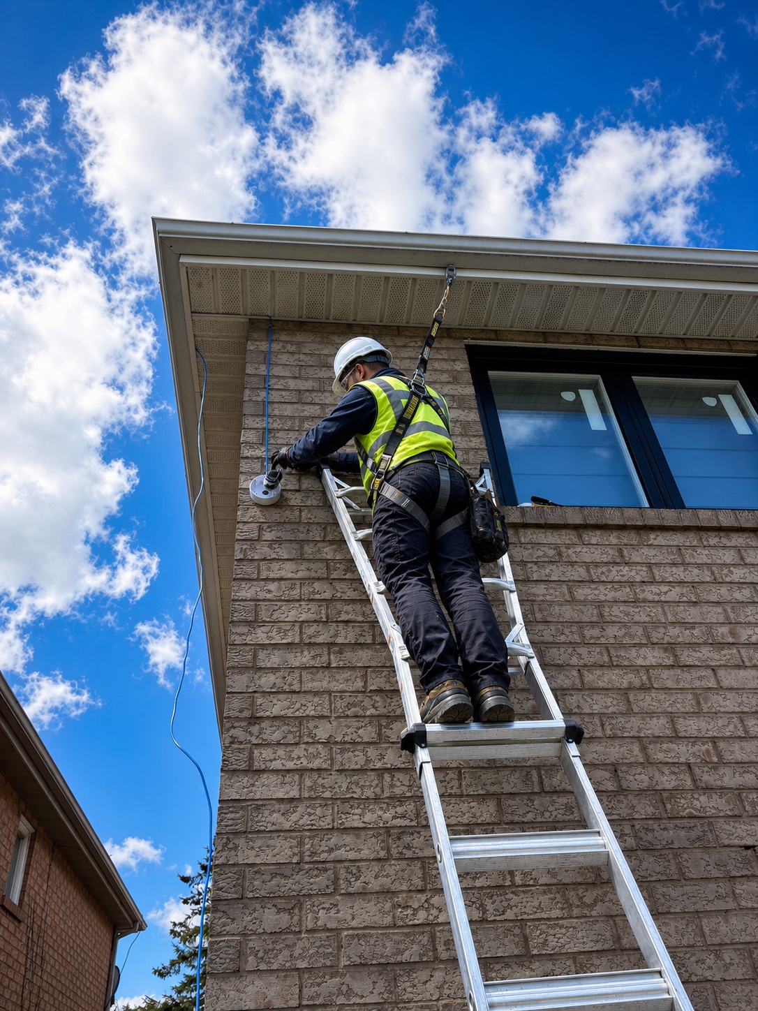 Residential exterior camera installation with safety equipment