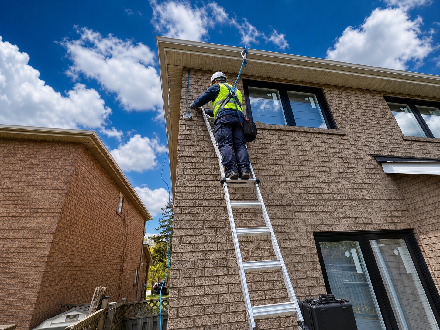 Technician safely installing a security camera on a residential property